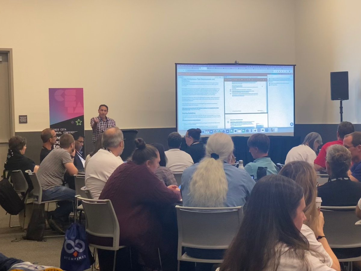 UTeachCS's tweet image. Standing room only for our session at #CSTA2025 on the #APCSP Create Task!

Stop by our booth in Aisle 100 if you missed it or want to see more resources, engaging lesson plans, &amp;amp; hands-on projects
#APCSP #APCSA #Cybersecurity
cs.uteach.utexas.edu/contact