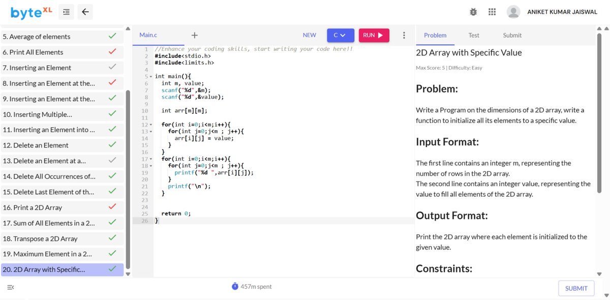 aniketmastadmi's tweet photo. Started my DSA grind ๐ง
20 array questions โ
| 457 minutes spent on platform โฑ๏ธ
Mastered traversals, insertions, deletions โ arrays are now bending to my will ๐
Data structures: 0
Me: 1
On to the next challenge.
#DSA #CodingLife #byteXL #100DaysOfCode #CSstudent https://t.co/3pqs3As5Pq