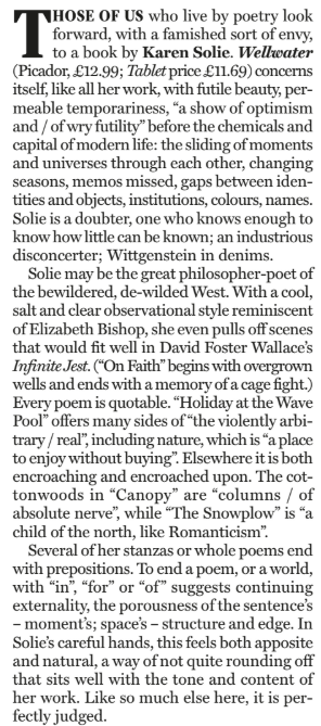 I reviewed super new books by Karen Solie, <a href="/imogen_cassels/">*</a>, Gillian Allnutt and Lorna Goodison for <a href="/The_Tablet/">The Tablet</a> a few weeks ago. Solie bit below. Read the full thing (you may need to register) here: thetablet.co.uk/books/poetry-t…