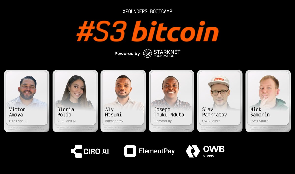 XFounders Bootcamp & Startup Reality (@xfounders_camp) on Twitter photo 🚨 3 new startups just joined XFounders Bootcamp S3, powered by <a href="/StarknetFndn/">Starknet Foundation</a>
🎮 <a href="/owb_studio/">OWB Studio</a> - AI-native studio behind a 500K+ player game, building dev tools from gameplay
🧠 <a href="/Cirolabs/">Ciro Labs</a> - Industrial AI meets Web3; turning machine data into tokenized, ZK-verified streams
💸 🚨 3 new startups just joined XFounders Bootcamp S3, powered by <a href="/StarknetFndn/">Starknet Foundation</a>
🎮 <a href="/owb_studio/">OWB Studio</a> - AI-native studio behind a 500K+ player game, building dev tools from gameplay
🧠 <a href="/Cirolabs/">Ciro Labs</a> - Industrial AI meets Web3; turning machine data into tokenized, ZK-verified streams
💸
