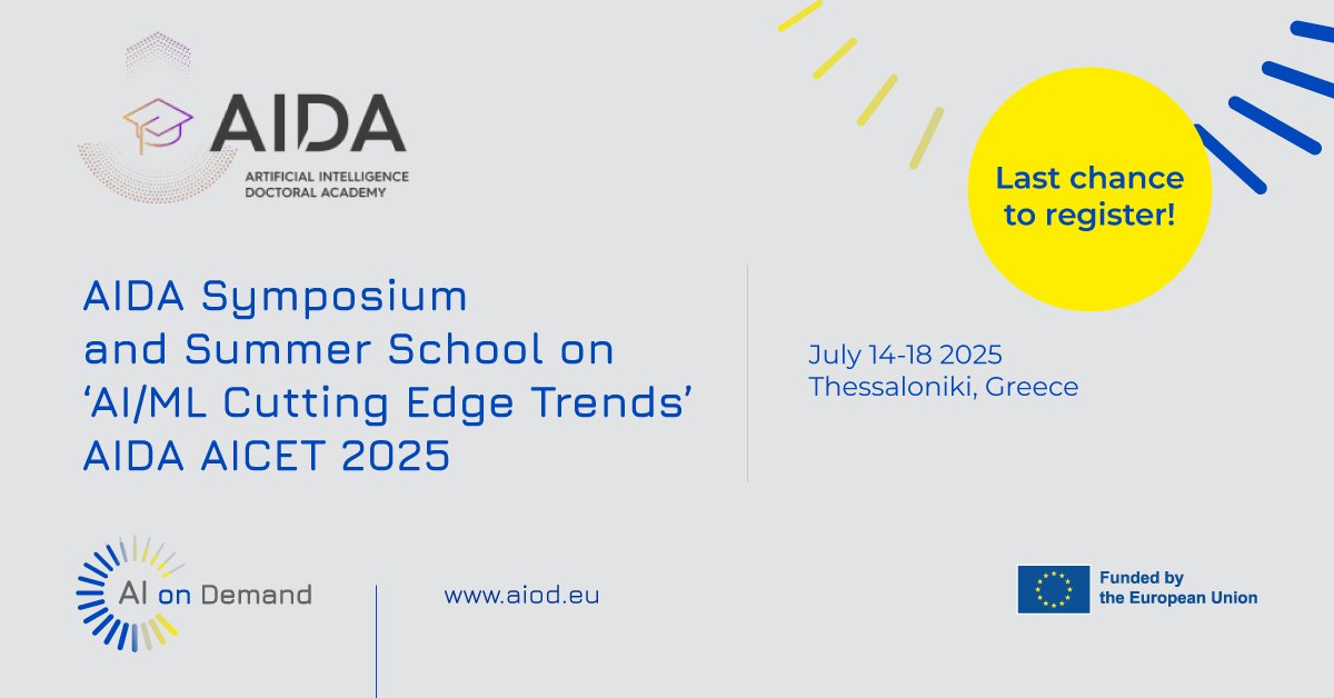 The AIoD platform takes centre stage at the AIDA Symposium &amp; Summer School on AI/ML Cutting Edge Trends, happening  July 14-18 in Thessaloniki!

Spots are limited. So, are you ready to register?
👉 ai4europe.eu/news-and-event…
