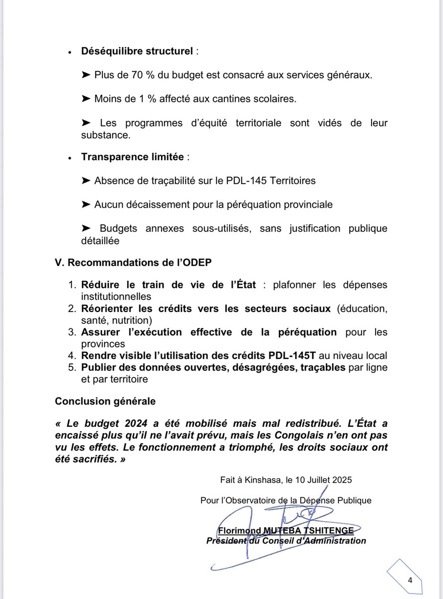 #RDC: « La plus grande partie du budget exercice 2024, a servi à entretenir l’appareil institutionnel (salaires, primes, logistique). L’État dépense surtout pour lui-même », constate l’Observatoire de la Dépense Publique qui évoque « un budget ambitieux sur le papier, mais dont