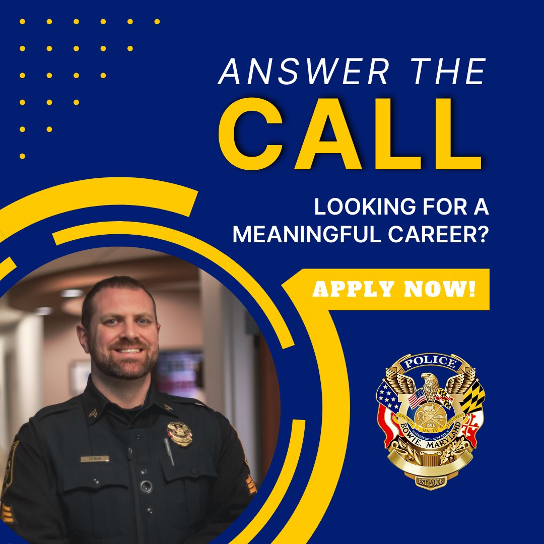 Looking for a meaningful career? Join the Bowie Police Department. We offer excellent benefits, career growth opportunities, and the chance to serve your community. Apply now and answer the call: bit.ly/Bowie-PD #Bowie #DMV #Police #Careers