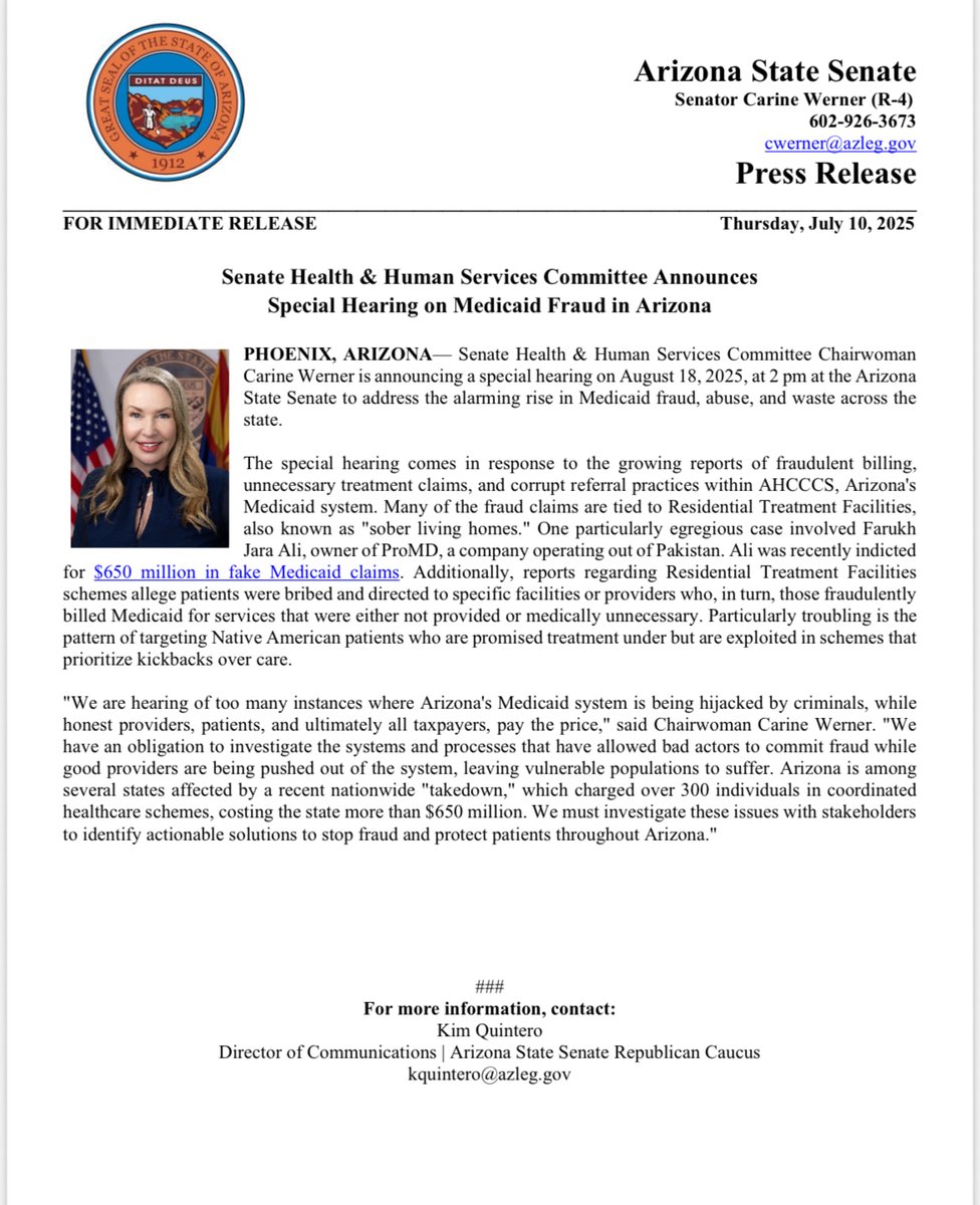 AZSenateGOP's tweet image. 🚨FOR IMMEDIATE RELEASE: Senate Health & Human Services Committee Announces Special Hearing on Medicaid Fraud in Arizona
@CarineWerner
Full Press Release: azsenaterepublicans.gov/post/senate-he…