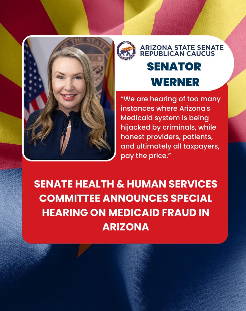 AZSenateGOP's tweet image. 🚨FOR IMMEDIATE RELEASE: Senate Health & Human Services Committee Announces Special Hearing on Medicaid Fraud in Arizona
@CarineWerner
Full Press Release: azsenaterepublicans.gov/post/senate-he…