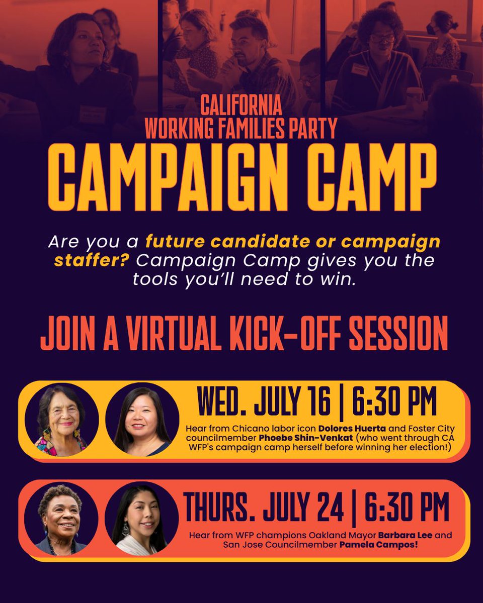 CA_WFP's tweet image. Are you a future candidate or campaign staffer? CA WFP Campaign Camp gives you the tools you’ll need to WIN. Join us on July 16 or July 24 via Zoom to learn more! 👉 mobilize.us/ca-wfp/event/8…