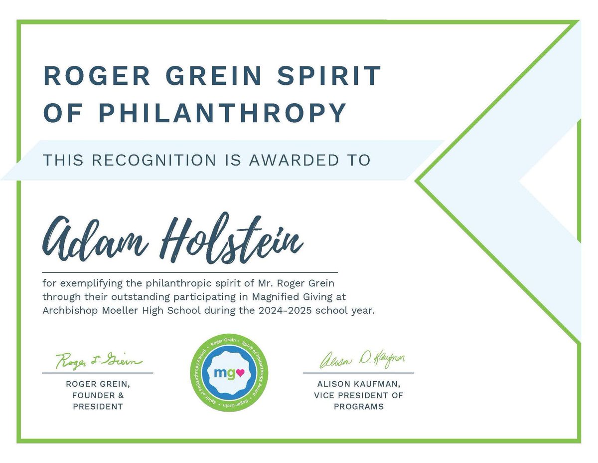 MoellerHS's tweet image. Congrats to Man of Moeller Adam Holstein, who earned Roger Grein Spirit of Philanthropy recognition for the 24-25 school year! This highlights those who have demonstrated active engagement in service through participation in Magnified Giving.
#BeRemarkable @MagnifiedGiving