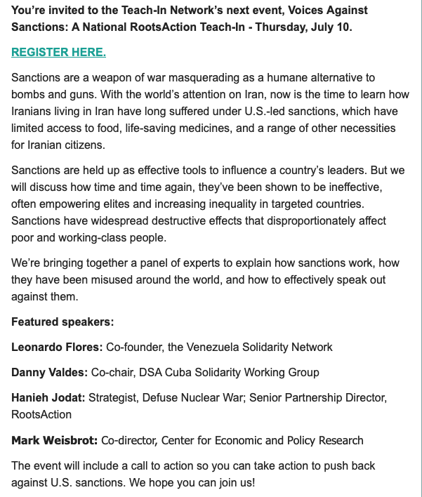 This is tonight at 8 pm ET! 

We’re bringing together a panel of experts to explain how sanctions work, how they have been misused around the world, and how to effectively speak out against them.

Sign up to watch here: TeachInNetwork.org/nationalcall