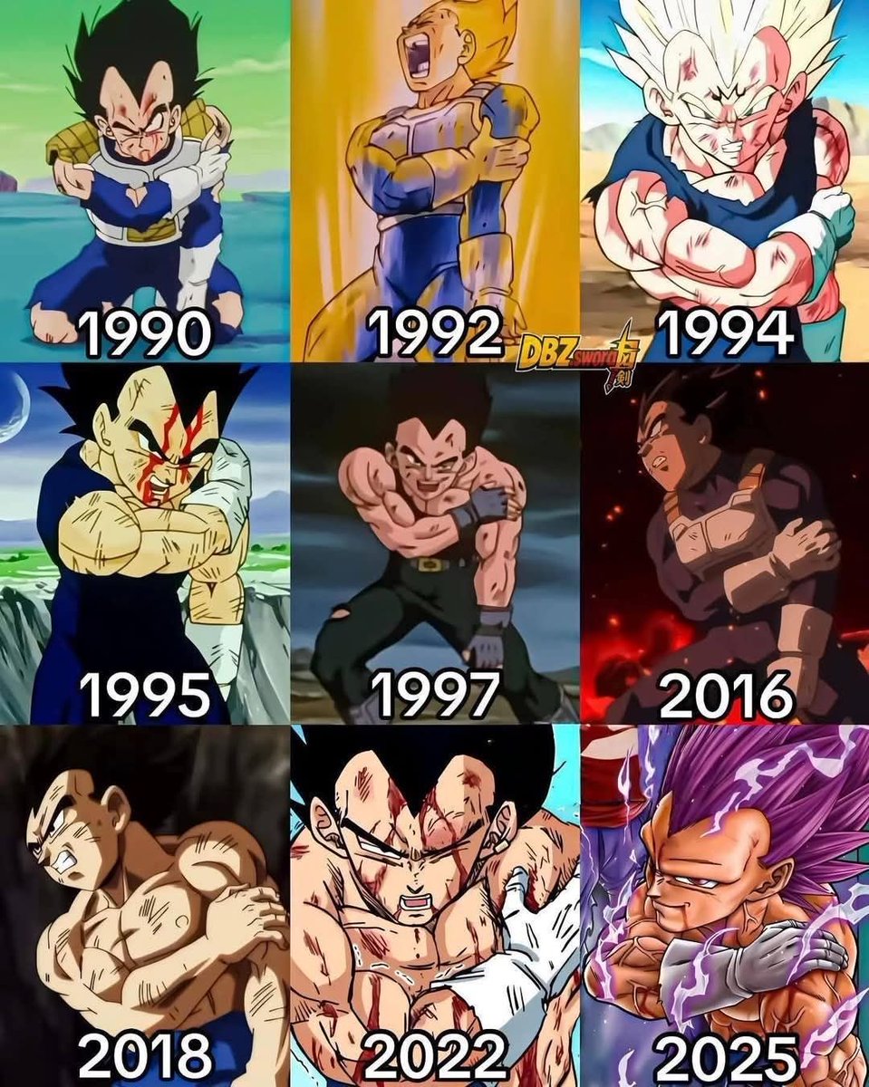 TooRealUnreal's tweet image. Its always the arm 😅 Well, 2025 doesn't really count since its cover art but I wouldn't be surprised if at some point, someone just randomly shows up and does enough damage to Ultra Ego Vegeta (like Gas did) to where he's then shown grabbing the arm again 💀
