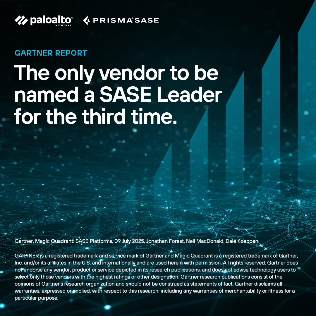 A 3X Leader! 🎉

Thrilled to share that Palo Alto Networks has been named a Leader in the 2025 Gartner® Magic Quadrant™  for SASE Platforms for the third straight year. 

More to come.