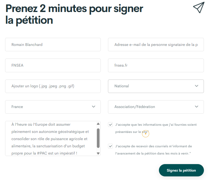 Romain Blanchard (@rblanchard_sga) on Twitter photo A mon tour de signer la pétition du <a href="/COPACOGECA/">COPA-COGECA</a>.
Dans 1 semaine <a href="/vonderleyen/">Ursula von der Leyen</a> présentera le futur budget de la #PAC
Mobilisons-nous : il nous reste 7 jours pour alerter la Commission. Un budget propre pour la #PAC, c'est un impératif !
A votre tour : urlr.me/EQ5Pwt
<a href="/FNSEA/">La FNSEA</a> A mon tour de signer la pétition du <a href="/COPACOGECA/">COPA-COGECA</a>.
Dans 1 semaine <a href="/vonderleyen/">Ursula von der Leyen</a> présentera le futur budget de la #PAC
Mobilisons-nous : il nous reste 7 jours pour alerter la Commission. Un budget propre pour la #PAC, c'est un impératif !
A votre tour : urlr.me/EQ5Pwt
<a href="/FNSEA/">La FNSEA</a>