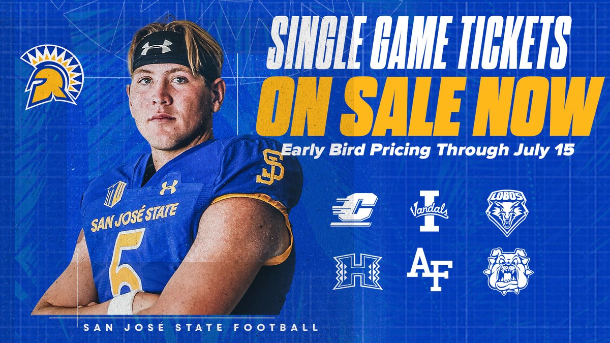 SJSUAthletics's tweet image. Don’t wait! Early Bird Pricing for @SanJoseStateFB tickets ends July 15! Lock in the best seats at the best price before prices go up. Let’s pack the stands and show our Spartan pride!
🔗 - sjsuspartans.evenue.net/events/footbal…