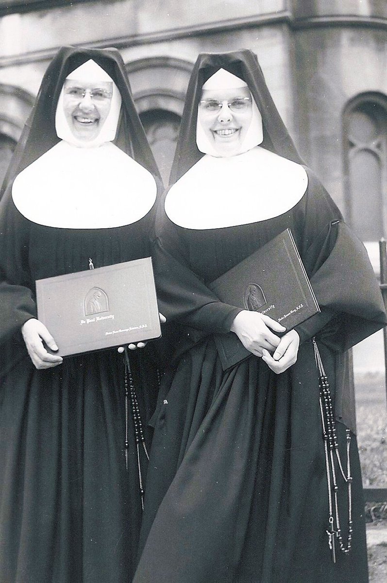#Tbt to 1956: Sisters Rose Gonzaga Newton &amp; Jeanne Troy display their diplomas from DePaul University--master's in Music &amp; bachelor's in Music Education. Our Sisters often studied for their college degrees during the summer because they were busy teaching during the school year.