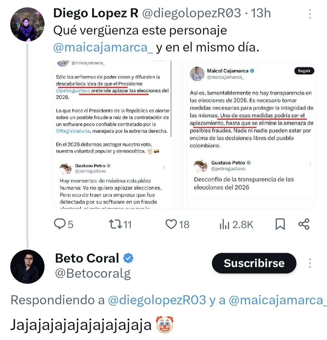 Maicol Cajamarca (@maicajamarca_) on Twitter photo Al deshonesto <a href="/Betocoralg/">Beto Coral</a> le molestó tanto que dijera que él no se merece un espacio en una lista al Congreso de la República del Pacto Histórico, por su desprecio a la coalición, que ahora le sigue el juego a cualquier individuo que me desprestigie a raíz de malinterpretaciones. Al deshonesto <a href="/Betocoralg/">Beto Coral</a> le molestó tanto que dijera que él no se merece un espacio en una lista al Congreso de la República del Pacto Histórico, por su desprecio a la coalición, que ahora le sigue el juego a cualquier individuo que me desprestigie a raíz de malinterpretaciones.