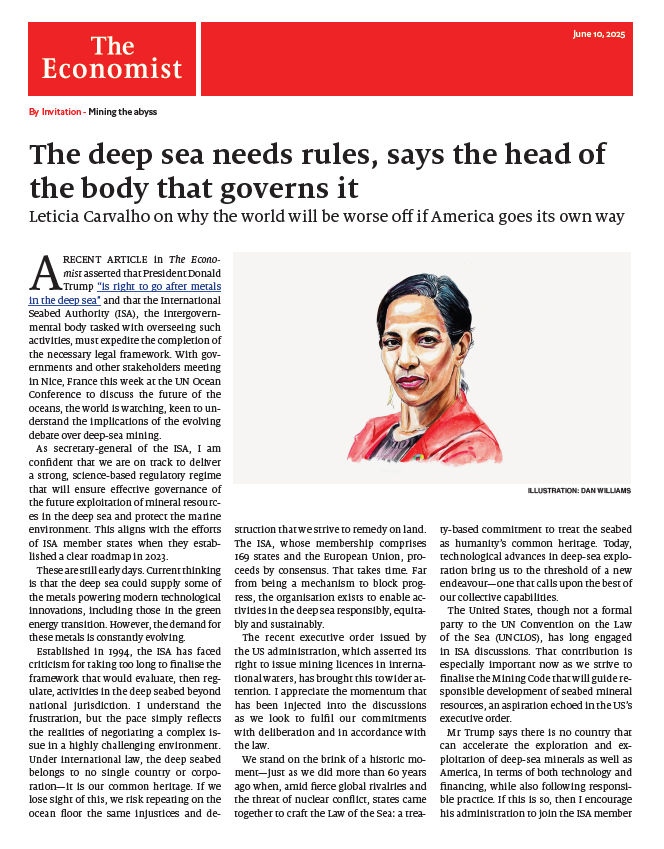 ISBAHQ's tweet image. “I acknowledge there is a race to gain access to minerals... Ensuring that this access is fair and balanced is essential to global stability.&quot;

Leticia Carvalho, MSG of the @ISBAHQ 🔗Read the full piece via @TheEconomist: bit.ly/4kzYr8e

#DeepSeaNeedsRules #ISBA30