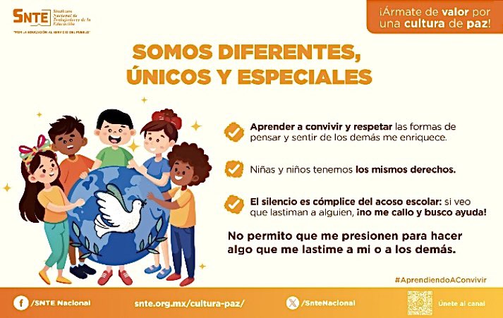 ¡Á𝕣𝕞𝕒𝕥𝕖 𝕕𝕖 𝕧𝕒𝕝𝕠𝕣 𝕡𝕠𝕣 𝕦𝕟𝕒 𝕔𝕦𝕝𝕥𝕦𝕣𝕒 𝕕𝕖 𝕡𝕒𝕫!

✨Cada individuo es un universo único, con historias, sueños y desafíos que hacen especial su diversidad y talento. ¡Valoremos nuestras diferencias!👫
¡Únete a la campaña!
Regístrate👉snte.org.mx/cultura-paz/