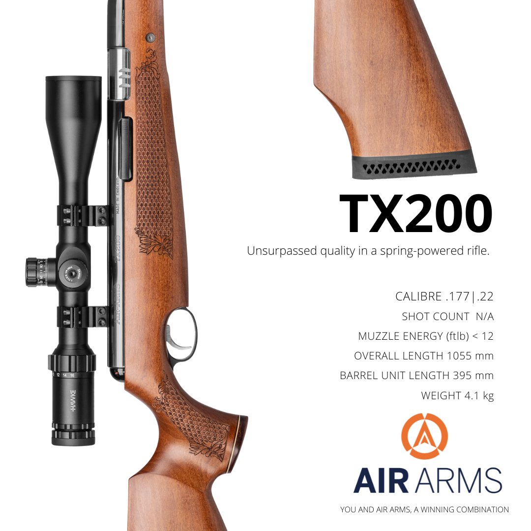 When it comes to spring-powered air rifles, the Air Arms TX200 is in a league of its own.

⚙️ Calibres: .177 &amp; .22
 🎯 Power: Sub 12 ft/lbs and FAC
 🛠️ Action: Underlever, spring-powered
 🔫 Barrel: Lothar Walther match-grade
 💨 Trigger: Two-stage, adjustable trigger