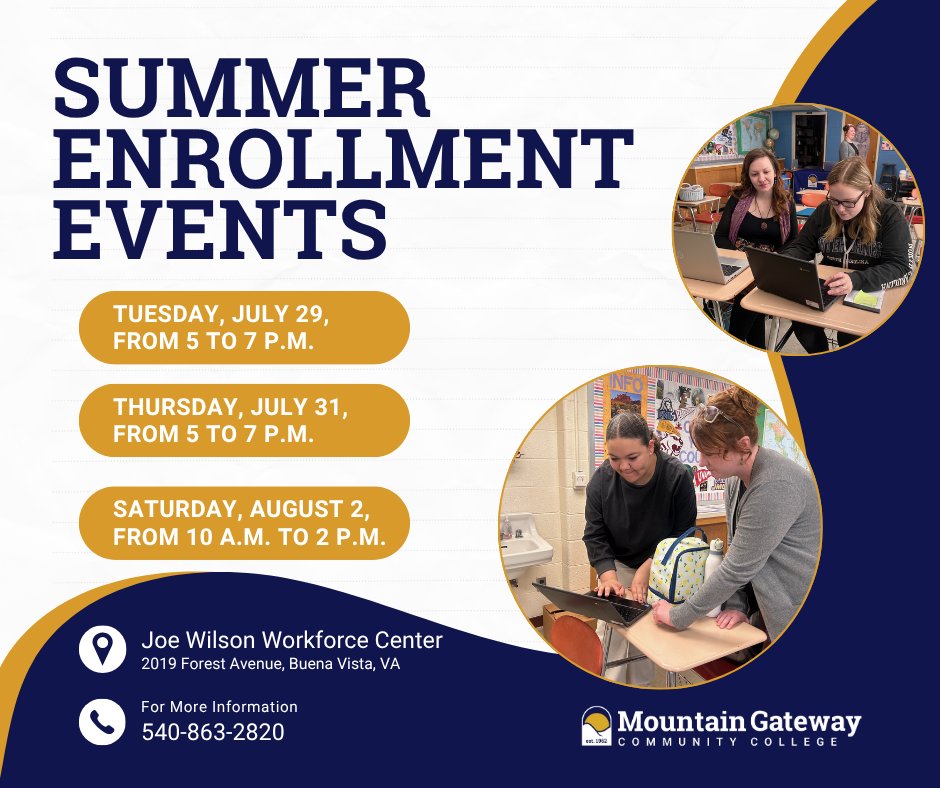 Mountain Gateway Community College is hosting Summer Enrollment Events at the new Joe Wilson Workforce Center in Buena Vista to help you apply and enroll!

📅 July 29 &amp; 31, 5–7 PM | Aug 2, 10 AM–2 PM
📍 2019 Forest Ave, Buena Vista

Walk-ins welcome - no appointment needed!