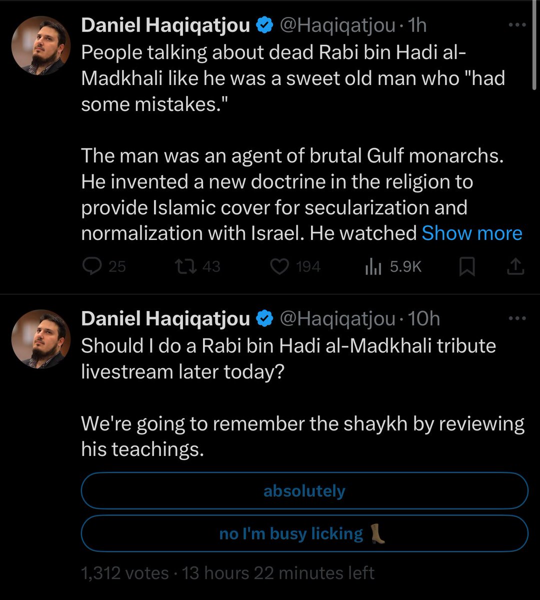 Daniel refused to celebrate the death of Shia leader Hassan Nasrallah but is planning a whole livestream dedicated to mocking a Sunni scholar’s death. He is without a doubt an Iranian Shia agent, may Allah destroy him.