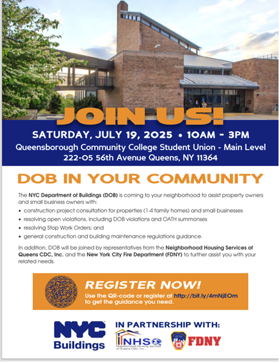 CMLindaLee's tweet image. Have questions for the Department of Buildings?
There will be a DOB in Your Community event on Saturday, July 19th, from 10 AM to 3 PM at QCC! It is encouraged to create an account on the DOB NOW web portal before the event. Follow the link to register! bit.ly/4kuMrVm