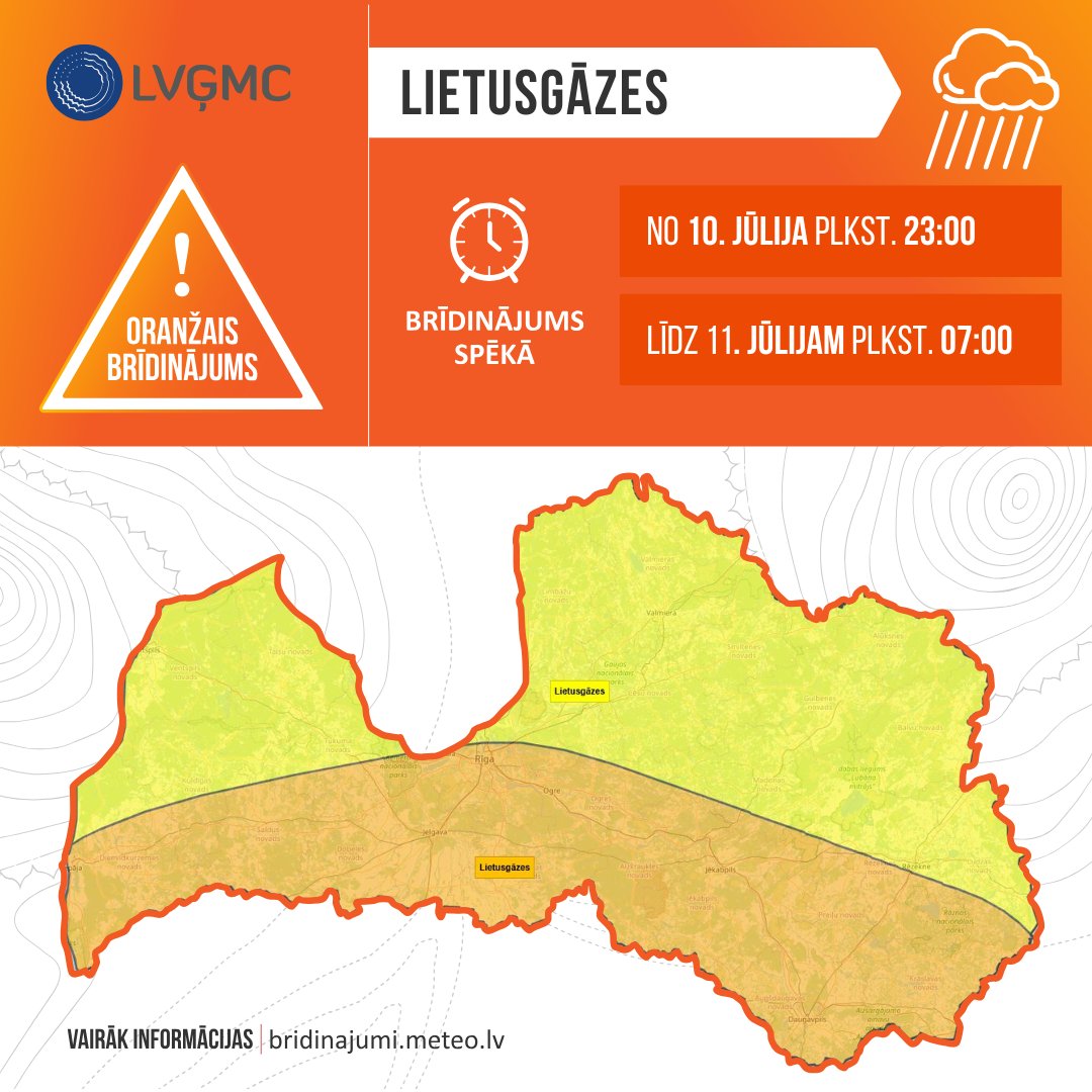 ‼️Ja esi saņēmis šādu ziņu, tad zini, ka to nosūtīja VUGD un tas ir šūnu apraides paziņojums par ļoti stiprām lietusgāzēm Rīgā un Latvijas dienvidu daļā, kas gaidāmas nakts laikā!
🟠Ņemot vērā to, ka Latvijas Vides ģeoloģijas un meteoroloģijas centrs daļā Latvijas teritorijas ir