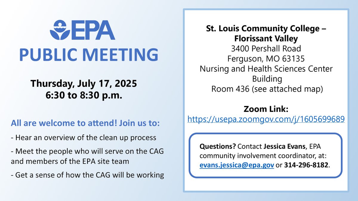 EPA is hosting a public meeting on July 17 from 6:30 to 8:30 p.m. for the St. Louis Airport Site/Coldwater Creek. This meeting will build off of the May 2025 information session as we continue to move forward in the Community Advisory Group (CAG) formation process.

See below for
