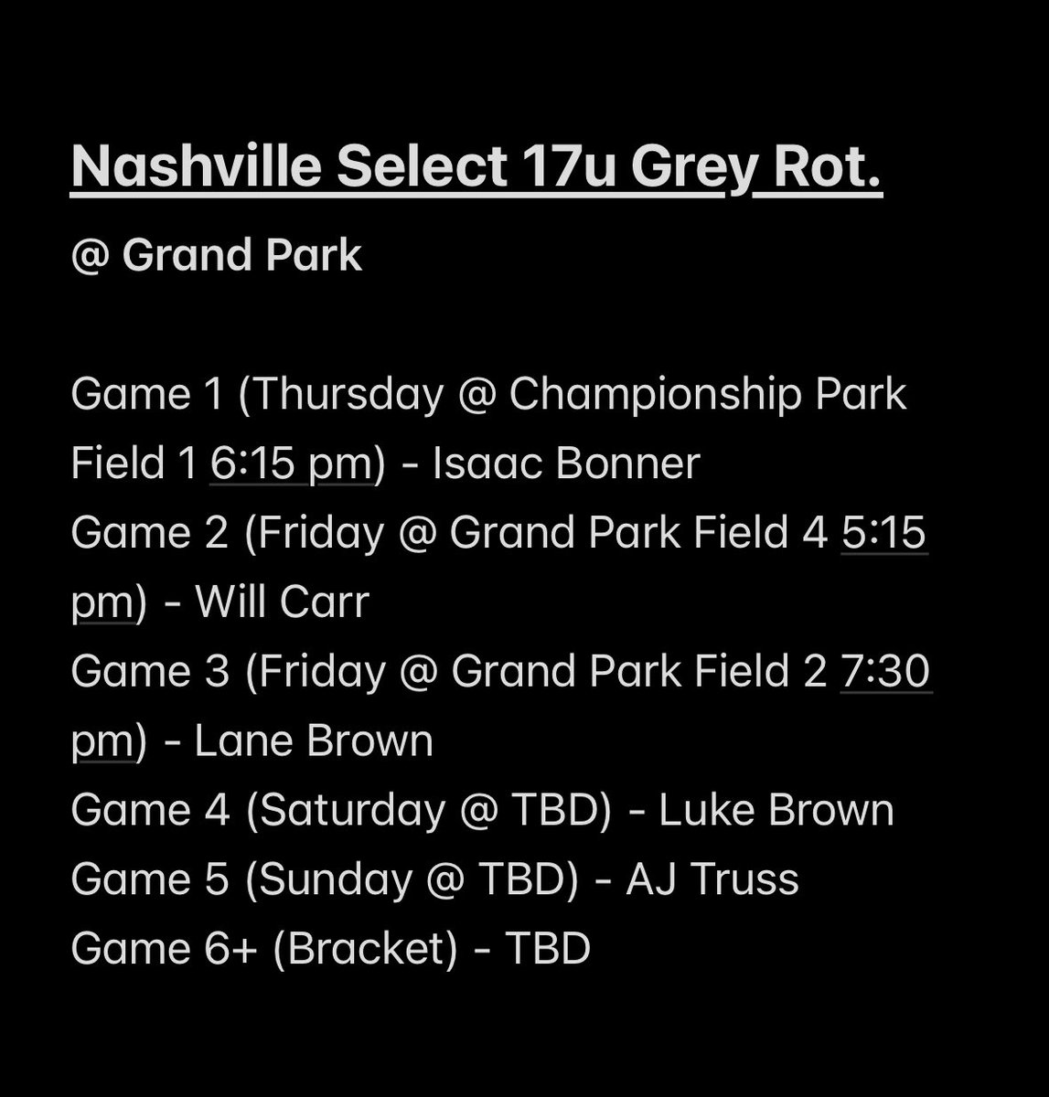 17u Rotation <a href="/Bullpenevents/">Bullpen Tournaments</a> <a href="/GrandParkSports/">Grand Park Sports Campus</a>
