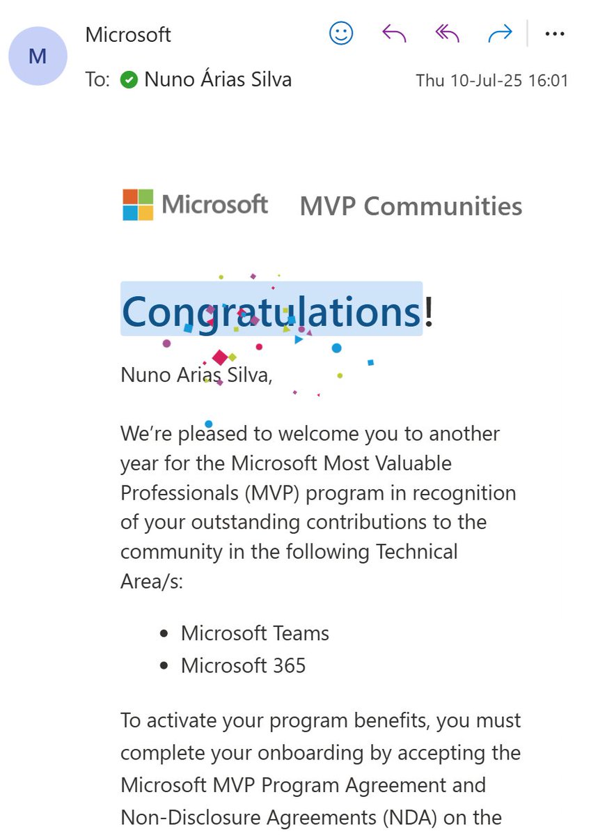 Congratulations!

We’re pleased to welcome you to another year for the Microsoft Most Valuable Professionals (MVP) program in recognition of your outstanding contributions to the community in the following Technical Area/s:

Microsoft Teams
Microsoft 365 
#MVPBuzz #Microsoft365
