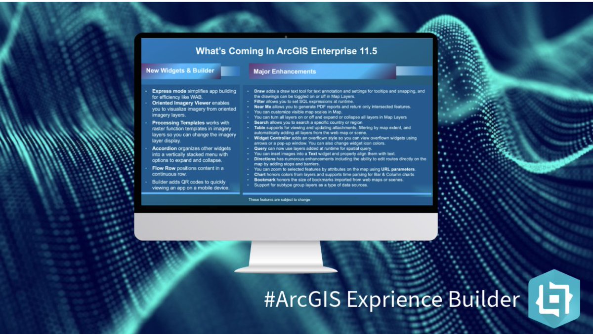 Check out this community post that highlights new features in #ArcGISExperienceBuilder that will be available in the #ArcGISEnterprise 11.5 release. This is the final release of Enterprise that will include #ArcGISWebAppBuilder.

Read blog: ow.ly/Fgks50VSXTC