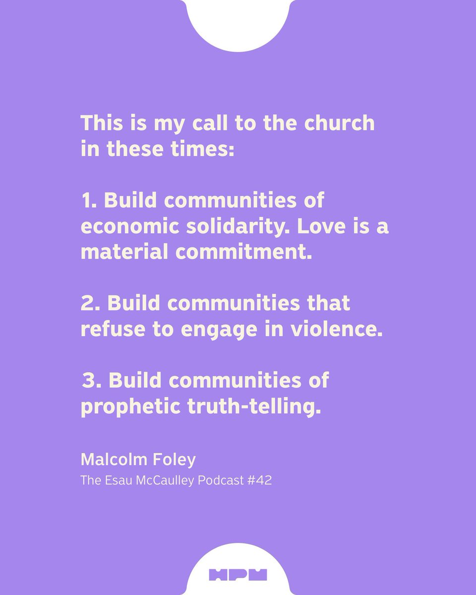 HolyPost_Media's tweet image. Here is @MalcolmBFoley's three-fold call to the church today:
1. Build communities of economic solidarity. Love is a material commitment.
2. Build communities that refuse to engage in violence.
3. Build communities of prophetic truth-telling.
