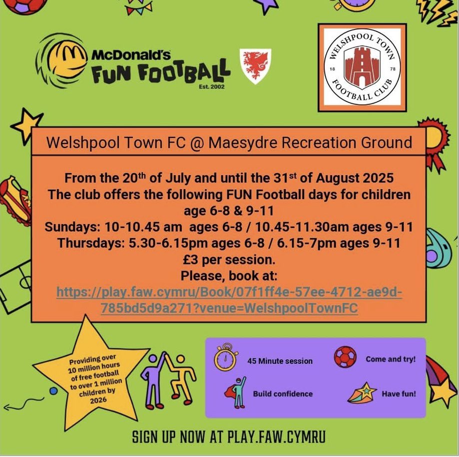 Welshpool Town are hosting the McDonald’s fun football sessions this summer.

Please read the poster below for information.

The link for your child’s age group is below

play.faw.cymru/Search?locatio…