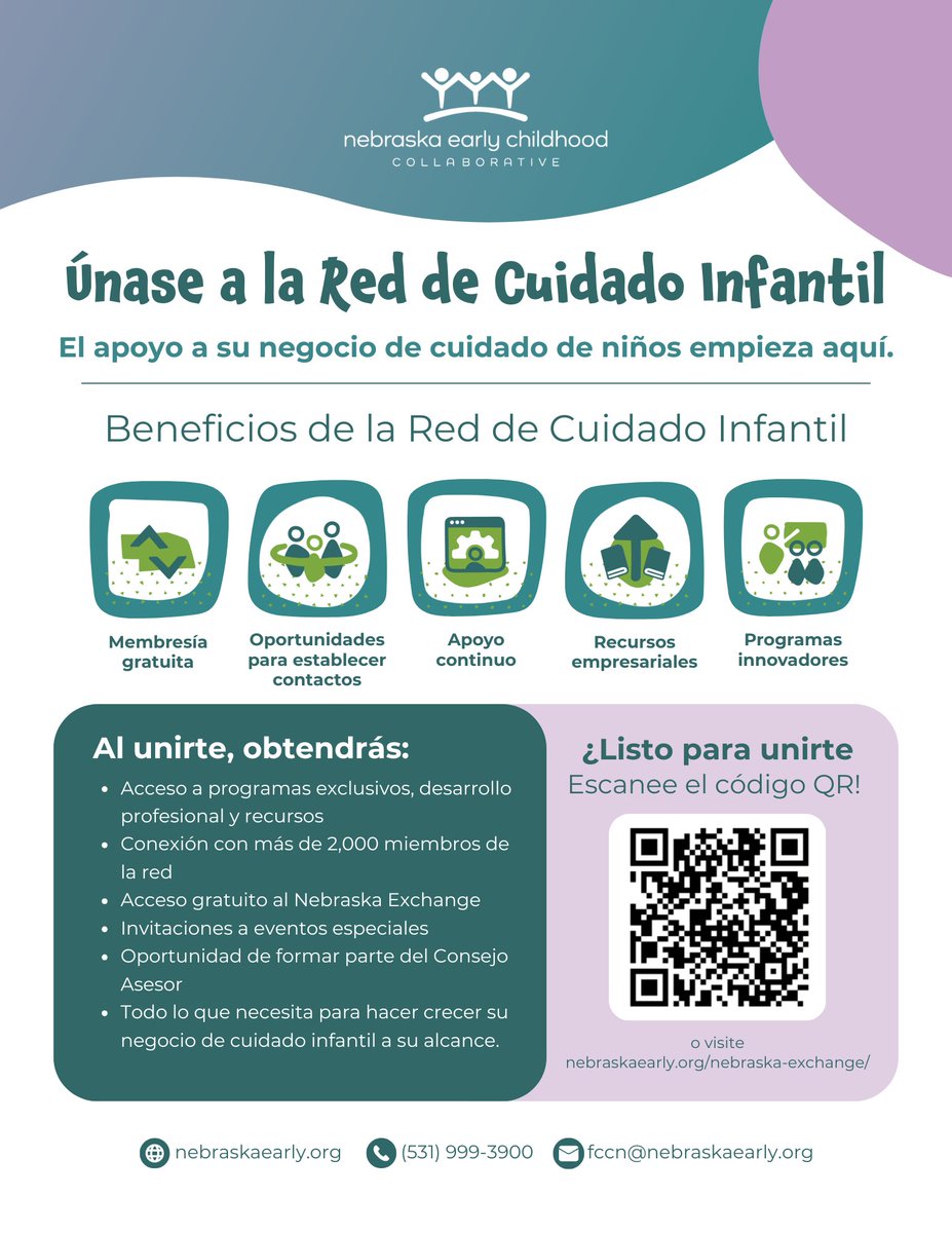 NebraskaEarly's tweet image. Join the Child Care Network for tools, support & resources to help your child care business grow! Start today: nebraskaearly.org/nebraska-excha…
Únase a la Red de Cuidado Infantil y acceda a recursos y apoyo para su negocio. Inscríbase hoy: