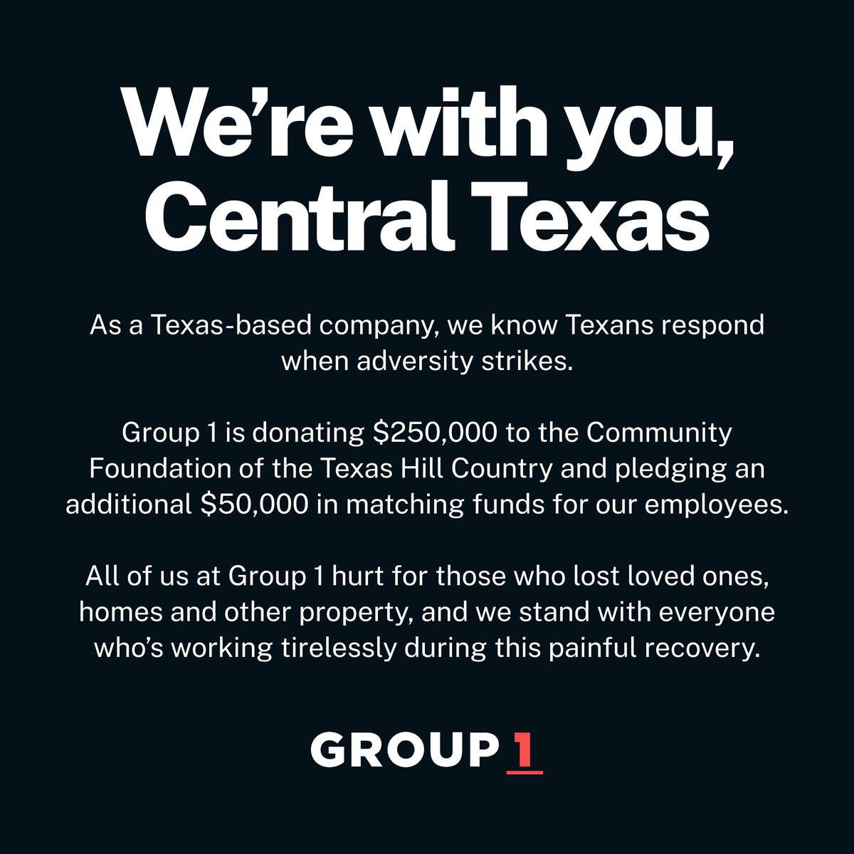 💛 Our hearts go out to everyone affected by the devastating floods in the Texas Hill Country. To support recovery efforts, Group 1 is donating $250,000 to the Community Foundation of the Texas Hill Country.🙏 Please join us in contributing:
ow.ly/8uSK50WnLRO