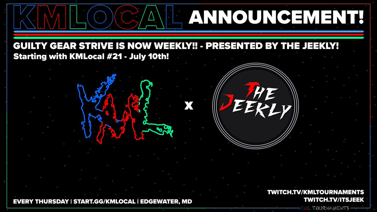KML Tournaments (@kmltournaments) on Twitter photo KMLocal 21 is TODAY! Now featuring <a href="/TheJeekly/">The Jeekly</a> with Guilty Gear Strive every week!
Schedule and Bracket link below :) KMLocal 21 is TODAY! Now featuring <a href="/TheJeekly/">The Jeekly</a> with Guilty Gear Strive every week!
Schedule and Bracket link below :)