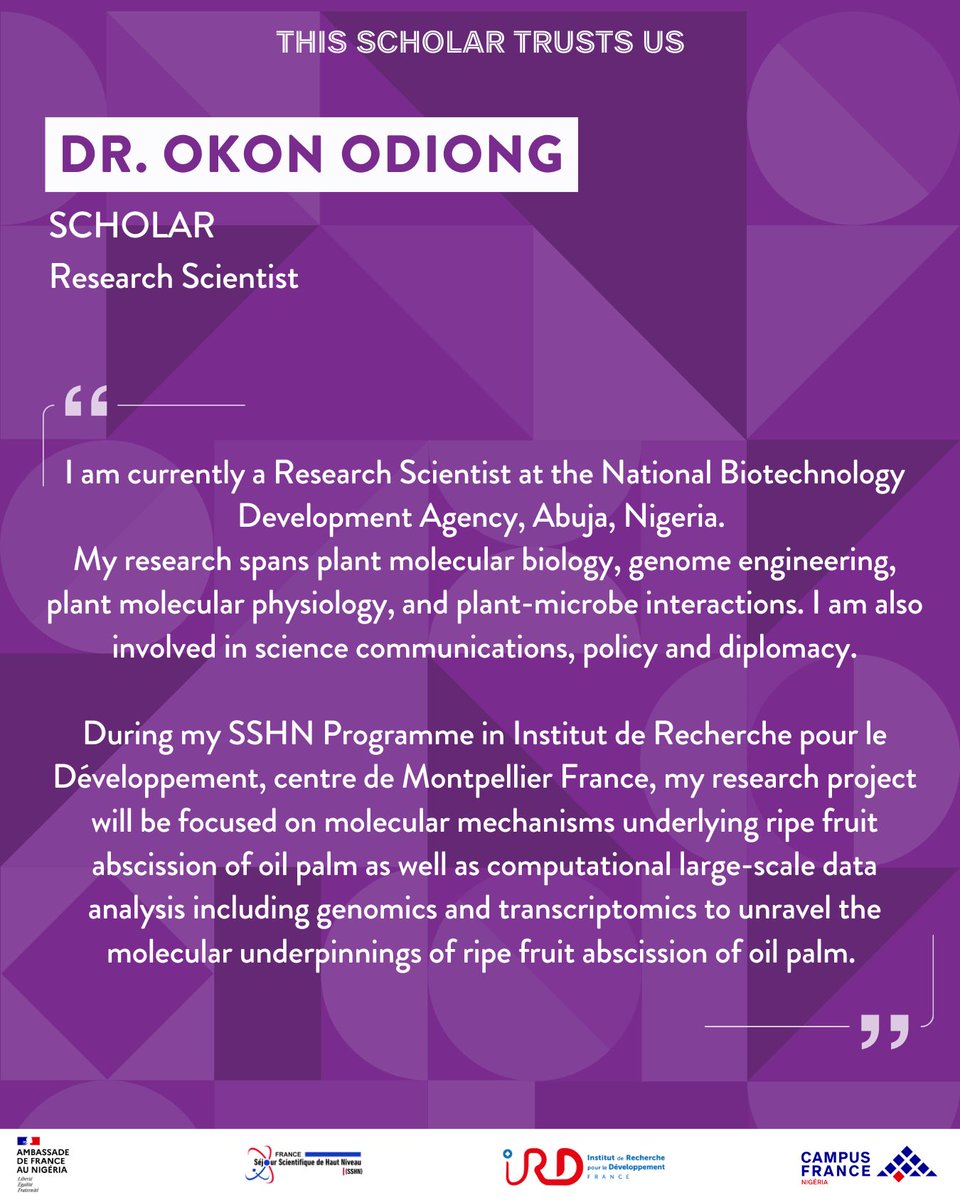 CampusFrance Nigeria (@campusfranceng) on Twitter photo π #MeetOurScholars | SSHN 25' π³π¬π«π·
π Say congratulations to Dr. Okon Odiong, a research scientist at the National Biotechnology Development Agency, Abuja, Nigeria, who has been awarded the SSHN Scholarship! π
π Letβs celebrate Dr.Okon as he embarks on this journey in France π #MeetOurScholars | SSHN 25' π³π¬π«π·
π Say congratulations to Dr. Okon Odiong, a research scientist at the National Biotechnology Development Agency, Abuja, Nigeria, who has been awarded the SSHN Scholarship! π
π Letβs celebrate Dr.Okon as he embarks on this journey in France