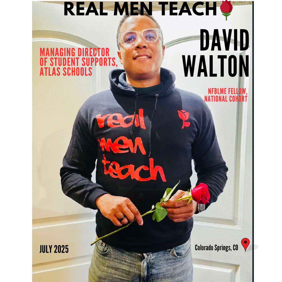 Real Men Teach celebrates The National Fellowship for Black and Latino Male Educators-NFBLME! 🌹 

Today we celebrate David Walton, Managing Director of Student Supports with Atlas Schools, and NFBLME Fellow. 

Go to realmenteach.com/fellowships to learn how to become a NFBLME fellow!