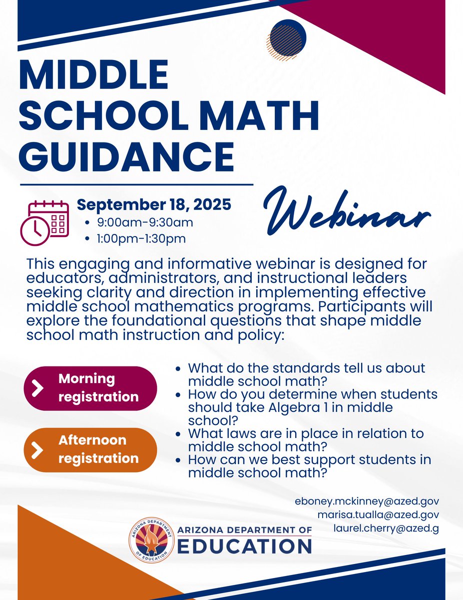 azedschools's tweet image. Calling all math educators! Join us for a short & powerful Middle School Math Webinar
We are diving into instruction updates, policy shifts, & tools to support student success. Let's level up math together!
#MathInstruction
#MiddleSchoolMath