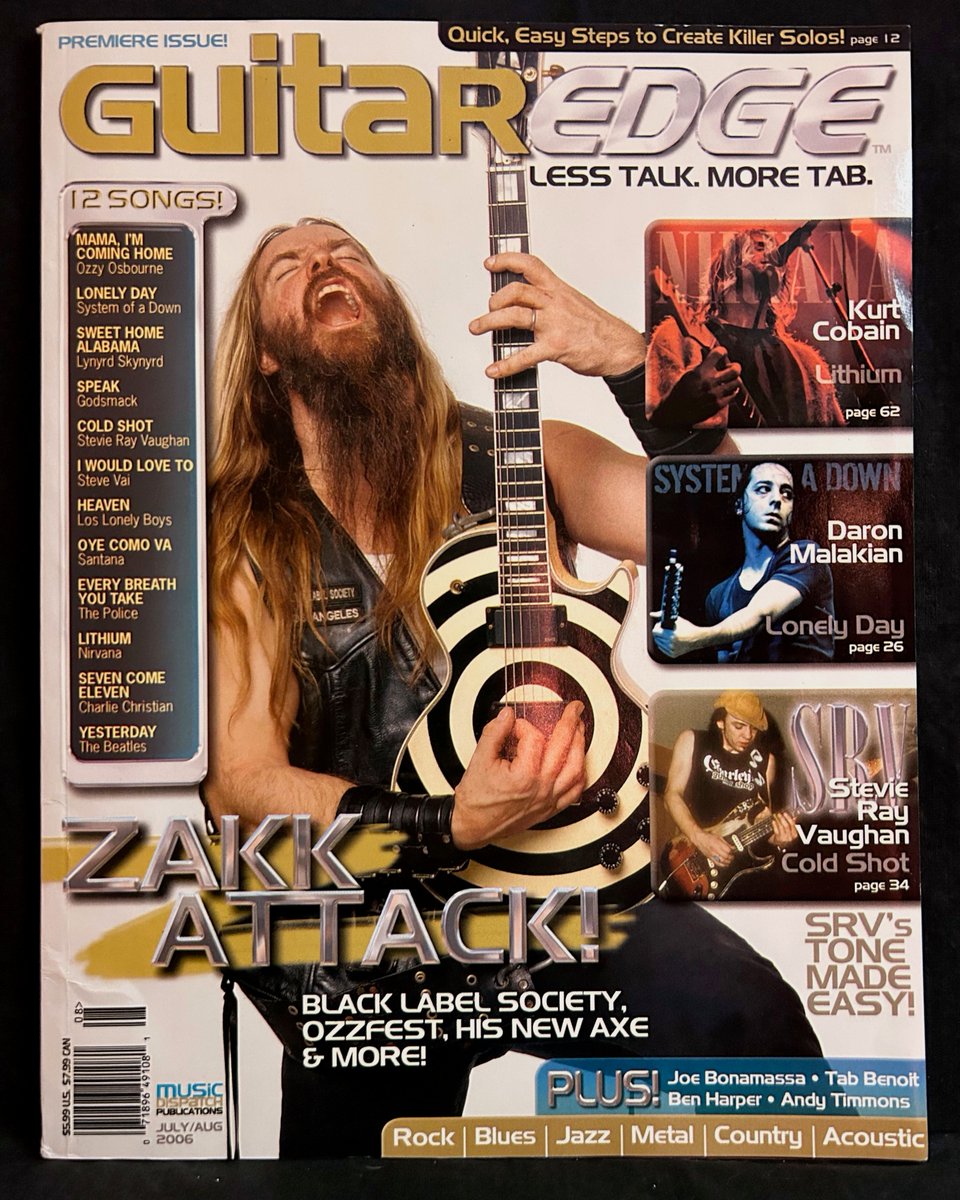 AndyParedesMusi's tweet photo. #GuitarEdge magazine July/August 2006 - featuring @ZakkWyldeBLS of @OzzyOsbourne with a @gibsonguitar #LesPaul, #KurtCobain of @Nirvana and @SRVOfficial with #Fender Guitars, #DaronMalakian of #SystemofaDown, with tabs from #thebeatles, #CharlieChristian, #LosLonelyBoys https://t.co/elxN6M59A2