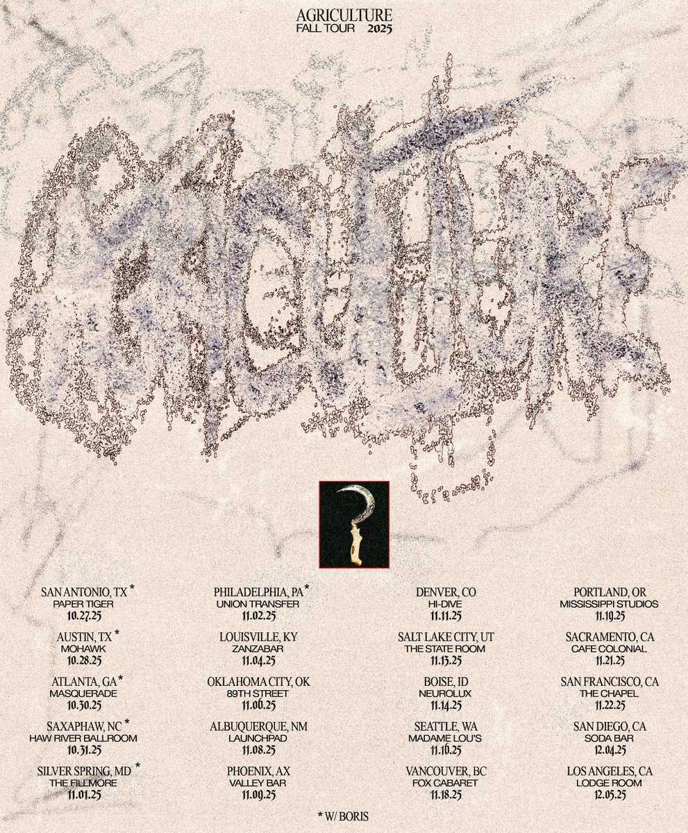 TheFlenser's tweet image. Agriculture – November Tour Announced
Artist pre-sale begins TODAY, at 10am
Use code: SPIRITUALSOUND
General on-sale starts Thursday, July 11 at 10am
⚔️ @Agriculture666
🐺 agriculturemusic.com/tour