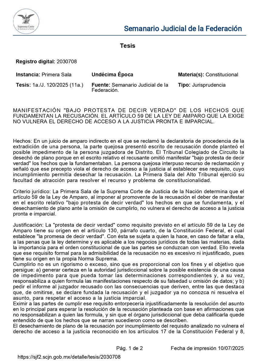 JORGECADENAGZ's tweet photo. En un juicio de amparo indirecto, se desechó la recusación del juez por no declarar los hechos "bajo protesta de decir verdad". La quejosa alegó afectación a su acceso a la justicia, pero la SCJN resolvió que el requisito es válido, tiene sustento legal y garantiza la veracidad. https://t.co/azr1nfPHWt