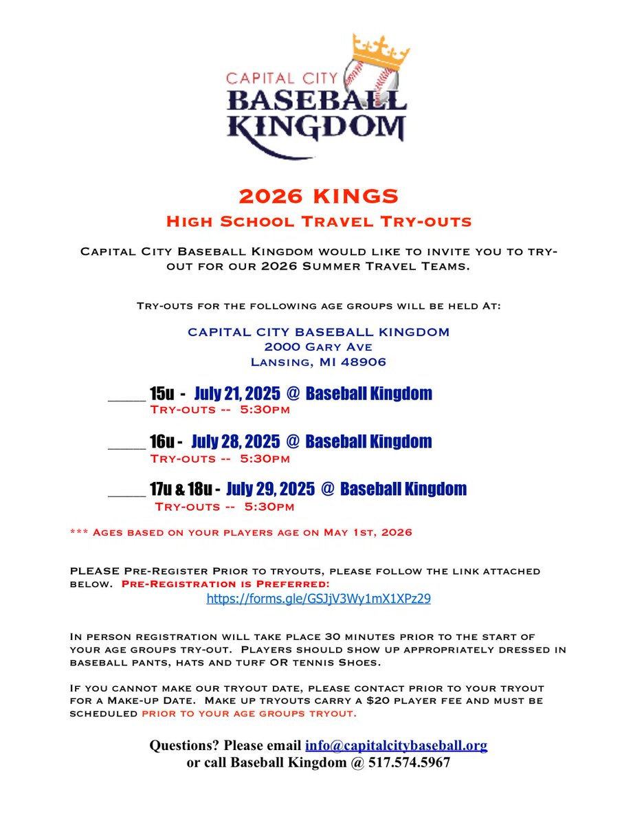Capital City Baseball Kingdom (@capitalctykings) on Twitter photo Make sure to sign up for High School travel try-outs!! Use link below ⬇️ 
docs.google.com/forms/d/e/1FAI… Make sure to sign up for High School travel try-outs!! Use link below ⬇️ 
docs.google.com/forms/d/e/1FAI…