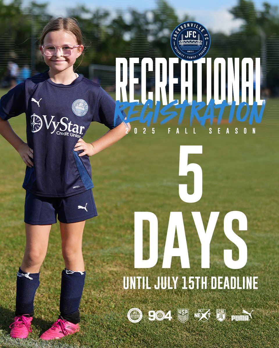 jacksonville_fc's tweet image. 5 Days Left!!!
Just a few days remain to register for our JFC Recreational Programs.
The deadline is July 15. Sign up now to secure your spot and avoid the waitlist.
Open to boys and girls of all skill levels, our Rec Program is the perfect place to learn, grow, and love the…