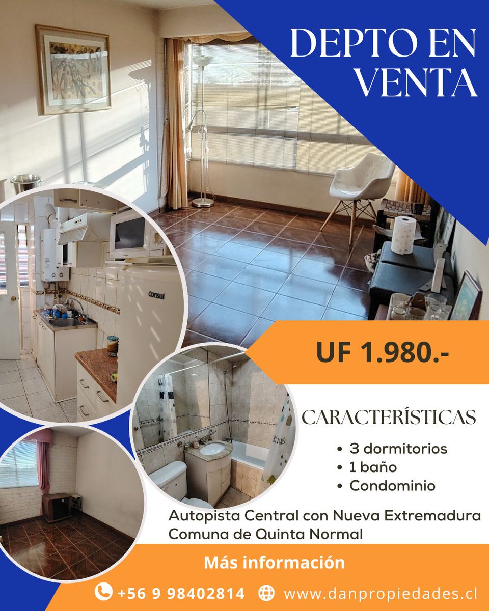 ¡Hola, hola! 
Estoy vendiendo mi departamento ubicado en la comuna de Quinta Normal, Santiago. 
Todas las características y fotos están en el enlace de chilepropiedades.cl
Pueden hacer consultas directamente con el corredor. 
¡Gracias por difundir! 
chilepropiedades.cl/ver-publicacio…
