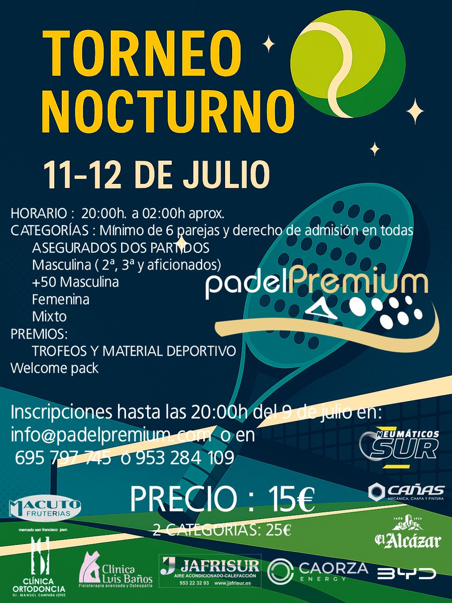 Ya podéis ver los cuadros y horarios del Torneo Nocturno de este finde en nuestra página web:

padelpremium.com/torneo-nocturn…

Suerte a todos!!!