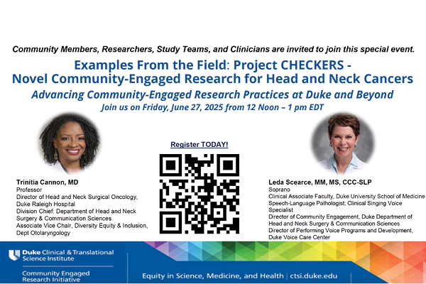 Duke_Oto's tweet image. Project CHECKERS was featured in CERI’s “Examples from the Field,” highlighting its innovative mixed-methods approach to community-engaged cancer screening & its partnership w/North Raleigh International Baptist Church
@Duke_CTSI
#DukeResearchSavesLives
duke.is/8/5gqt