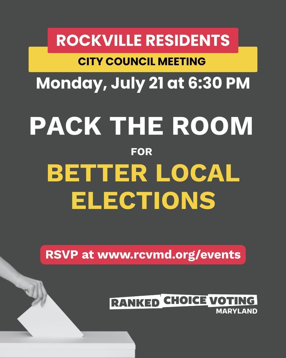 rcvformaryland's tweet image. ACTION: Rockville residents, let's pack the room to ensure #RCV moves forward!
#RankedChoiceVoting is on the agenda in Rockville for the next Mayor and City Council meeting.
21 July, 7pm
RSVP: rcvmd.org/rockville_city…