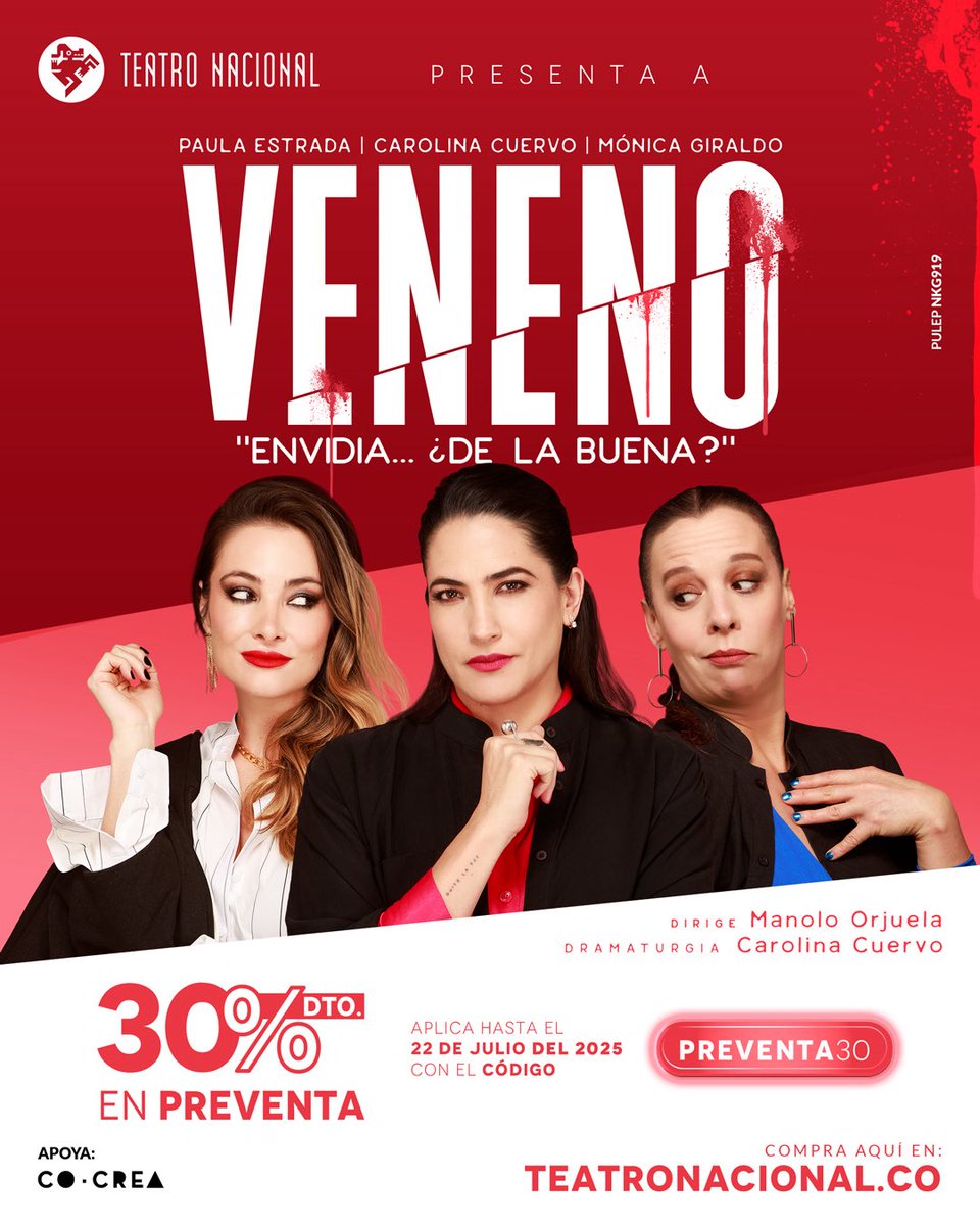 ☠️ No hay peor veneno que la envidia... Y más cuando a la que envidias es a tu mejor amiga…🤫 
𝚅𝙴𝙽𝙴𝙽𝙾 llegará muy pronto al Teatro Nacional Calle 71 🐍 
Una obra escrita por <a href="/cuervocarolina/">Carolina Cuervo Navia</a> 
Alista tus entradas