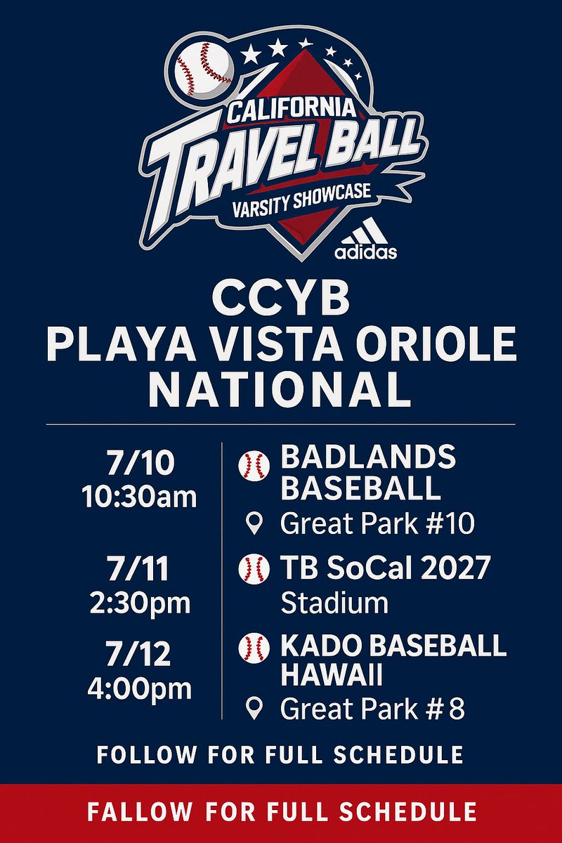 ChaseT2027's tweet image. 🚨 CCYB Varsity Showcase @ Great Park, Irvine CA
Let’s go, Playa Vista Orioles National! 🔥 #CCYB