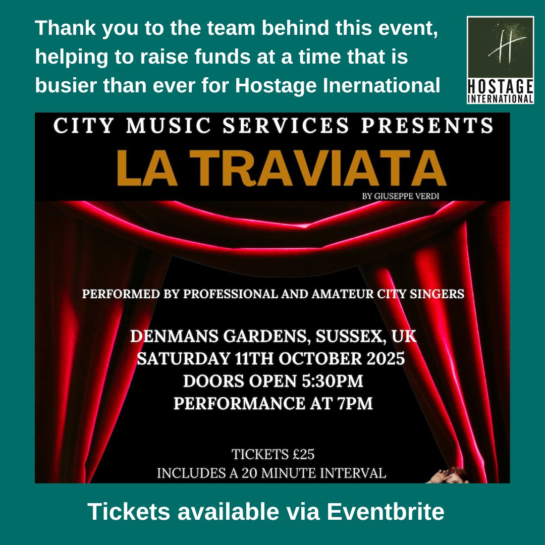 We are currently supporting more people affected by #hostage situations. We need all the help that we can get to continue our essential work.  Thank you to  @joroodesigns for organising this #opera supported by @denmansgarden and City Music Service eventbrite.com/e/la-traviata-…