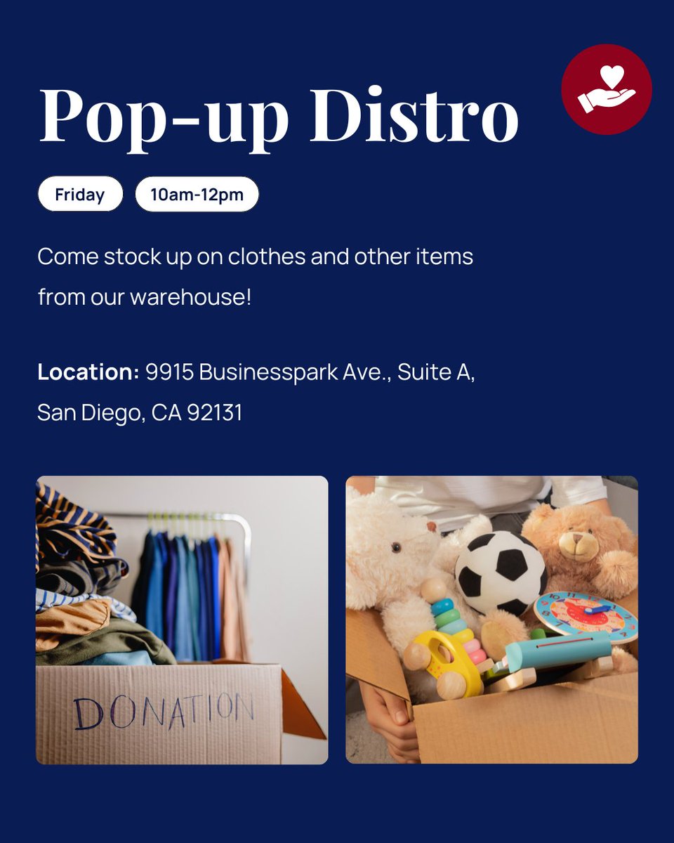 Need clothes or essentials?

Swing by our Pop-Up Distro this Friday from 10am – 12pm to stock up on free items from our warehouse.

📍 9915 Businesspark Ave., Suite A, San Diego, CA 92131

No appointment needed, just come by!

#popup